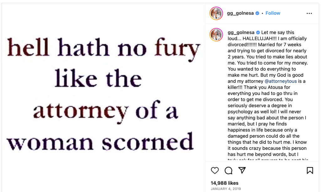GG posts about Atousa helping with divorce.